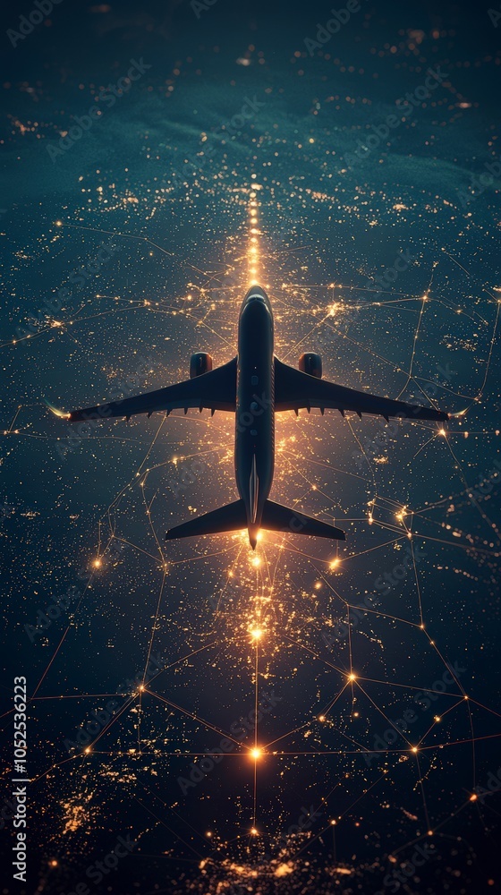 Canvas Prints aerial view of an airplane soaring over a vast, illuminated network of golden lights, symbolizing th