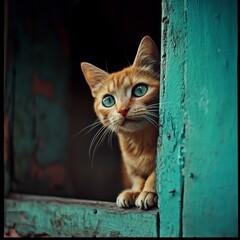 Ginger Cat in Teal Window Frame 