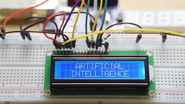 Electronic display with the inscription Artificial intelligence. Electrical components with a microcontroller and wires. Arduino prototype
