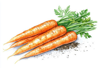 Fresh, vibrant carrots with green tops, resting on soil, showcasing their natural beauty and nutritious appeal.