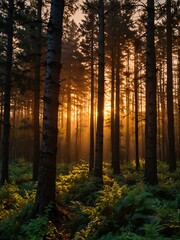 Obraz premium Sunset glowing through a forest