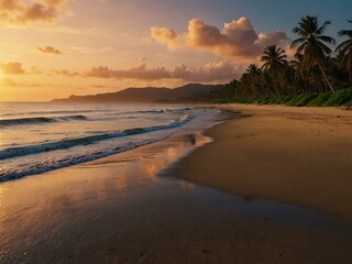 Sunset on a beach with palm trees.