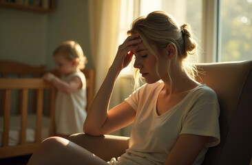 Woman in postpartum depression sits in a chair, putting hand to her forehead. Children's room interior, in the background a baby is standing in crib
