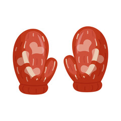 A pair of orange knitted mittens with hearts on a white background. Vector illustration