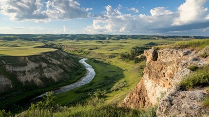 Naklejka premium River Winding Through a Lush Green Valley With Cloudy Sky