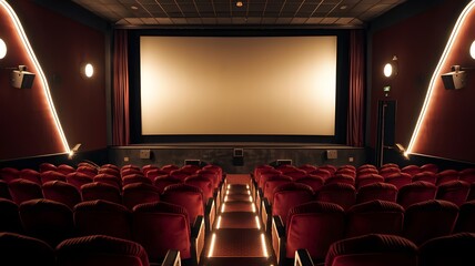 Obraz premium An empty cinema auditorium with rows of plush red seats. The cinema screen is large and blank, ready to display a movie. On the left, there's a set of speakers, and on the right, there's a door.