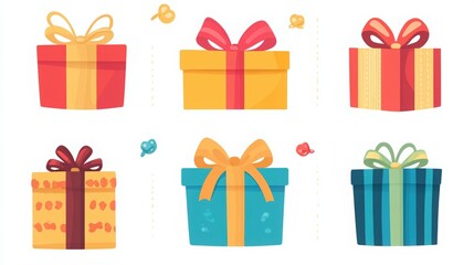 Fototapeta premium Set of gift boxes with ribbons and bows on a white background. The boxes in different colors and shapes, with colorful design elements. Confetti, fireworks, festive elements, celebratory concept.