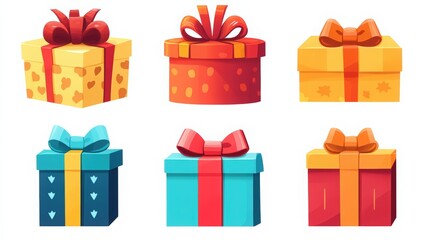Fototapeta premium Set of gift boxes with ribbons and bows on a white background. The boxes in different colors and shapes, with colorful design elements. Confetti, fireworks, festive elements, celebratory concept.