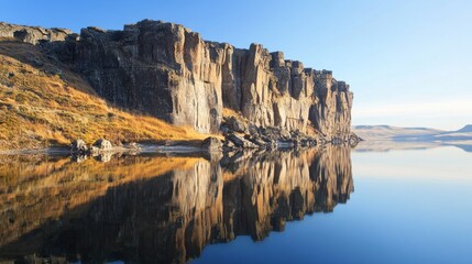A Rugged Cliffside Reflected in a Still Lake at Dawn