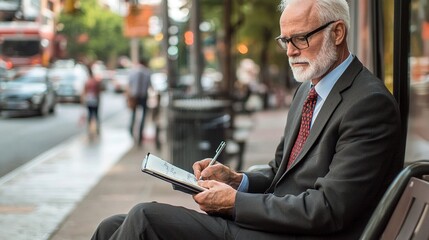 Middle-aged entrepreneur in formal attire, seated outdoors, jotting down notes in a journal on a busy urban sidewalk