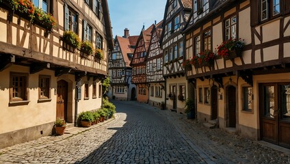 Fototapeta premium Traditional German architecture with half-timbered houses and cobblestone streets on a sunny day.