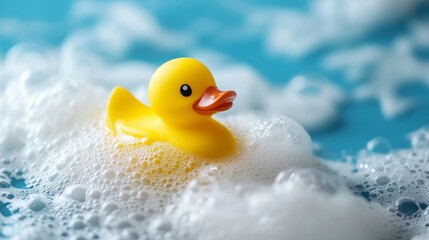 A cheerful yellow rubber duck floats among fluffy bubbles in a bathtub, capturing a playful and nostalgic atmosphere. The scene is bright and whimsical.