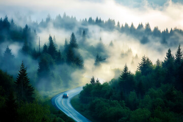 Car driving through a misty forest on a winding road, surrounded by dense green trees and thick morning fog creating a mysterious and serene atmosphere
