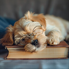 Cute little puppy dog with glasses lying on a book