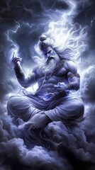 A powerful deity with a long white beard sits amidst swirling clouds and lightning, holding a glowing orb.