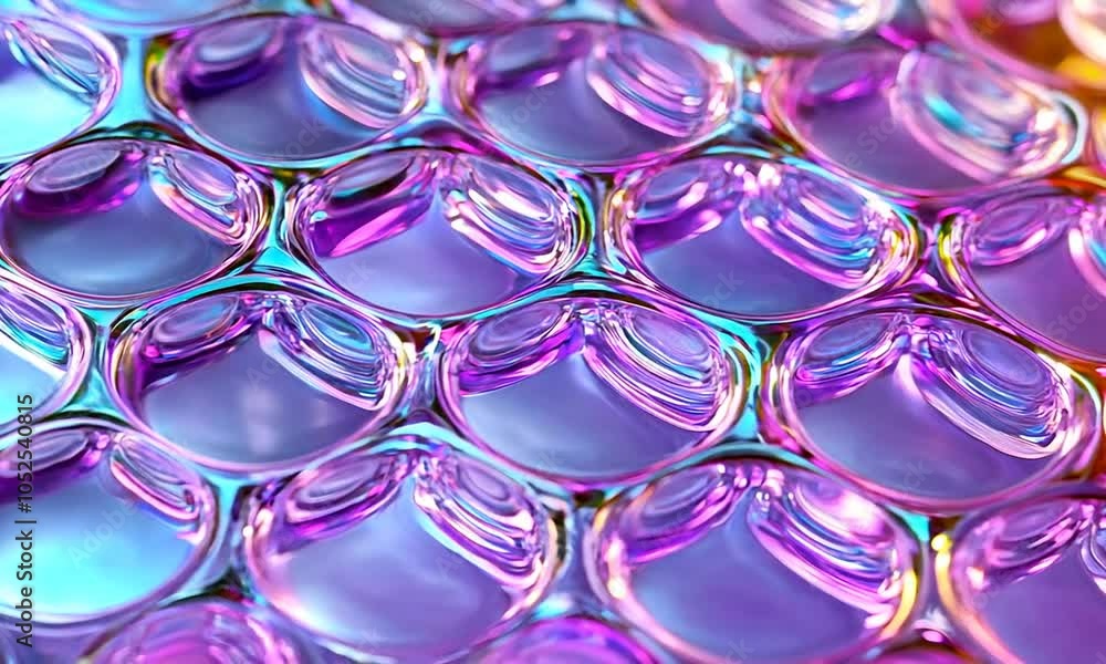 Poster a vibrant close-up of iridescent bubbles arranged in a grid, showcasing a mesmerizing play of light 