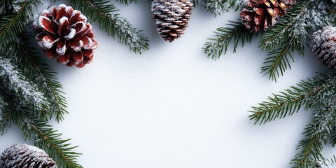 Naklejka premium Rustic winter elements blend beautifully in a flat lay featuring frosted pinecones and lush evergreen branches, creating a festive mood perfect for holiday inspiration