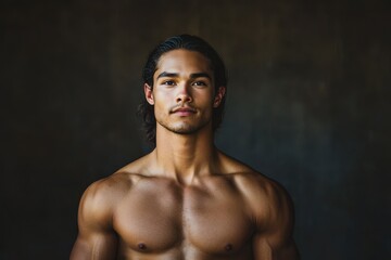 Fototapeta premium A young man with an athletic build poses confidently against a dark background in a striking portrait