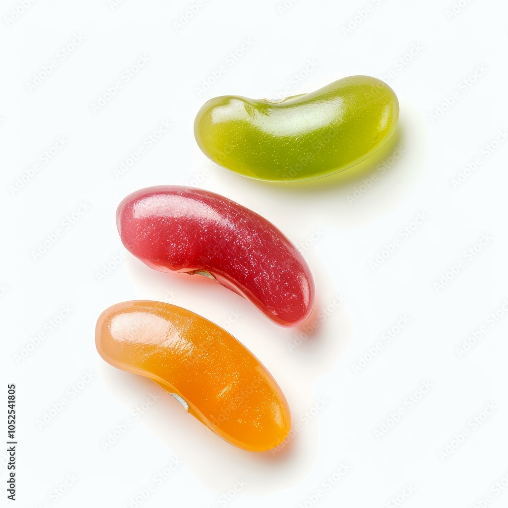 Poster three vibrant jelly beans in various colors lie on a clean white background, creating a simple yet a