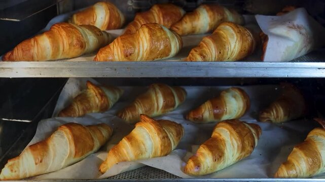 A time-lapse showing croissants on two trays baking in an electric oven. The croissants turn golden brown as they cook, capturing the delicious transformation from raw dough to freshly baked pastries.