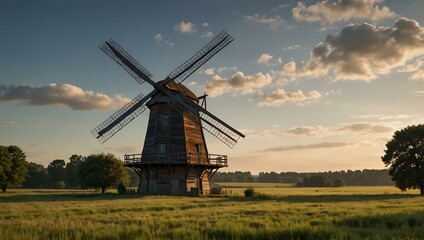 Fototapeta premium Windmill standing in a field with trees in the background.