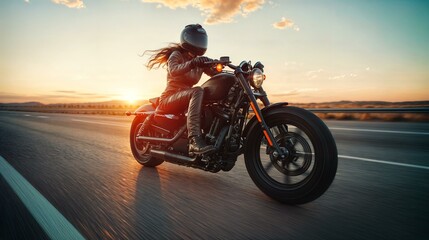 Adventurous woman riding motorbike on open road at sunset