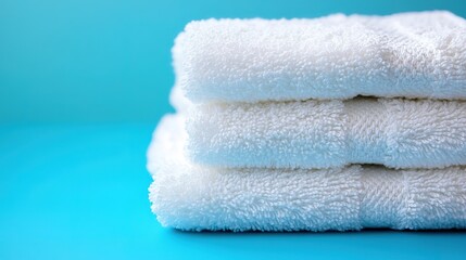 Close-up of folded white terry towels on a bright blue background, highlighting their plush fabric and inviting appearance