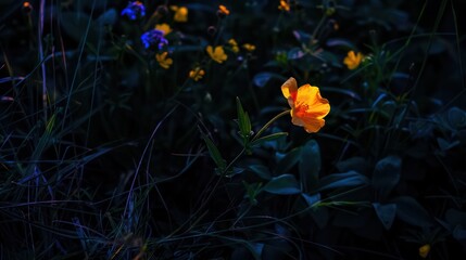 A close-up of a vibrant yellow flower amidst dark foliage, highlighting its beauty in low light.
