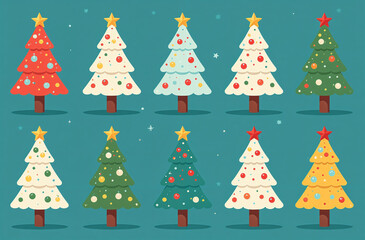 Obraz premium Christmas trees decorated with balls stand on blue background, New Year card with snowflakes