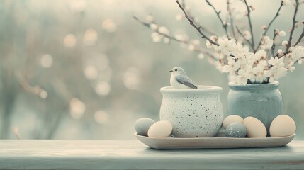 Spring decor with pastel eggs and floral arrangements on a soft background