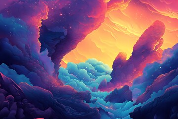 Abstract Landscape with Colorful Clouds and Glowing Lights