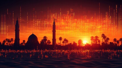 Silhouetted mosque with palm trees against a vibrant sunset and data visualization overlay.