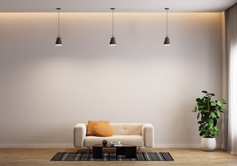 Minimalist Living Room with Beige Sofa and Pendant Lights