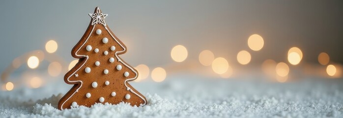 Gingerbread Christmas tree on a white background with bokeh from garlands. New Year Christmas card....