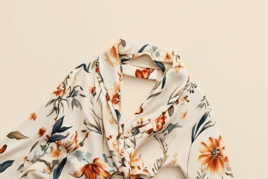 Elegant floral patterned fabric draped on a wooden hanger against a soft neutral backdrop