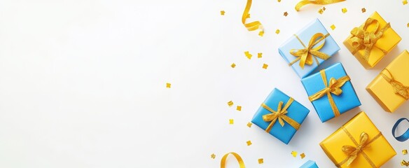 Modern banner design with yellow and blue gift boxes on a white background, a golden ribbon bow, and confetti text Merry Christmas and Happy New Year
