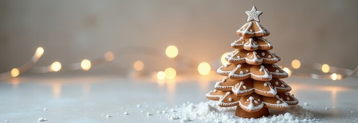 Gingerbread Christmas tree on a white background with bokeh from garlands. New Year Christmas card....