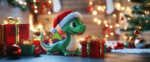 Fototapeta premium Cute green dragon in a Santa hat looking at Christmas presents.