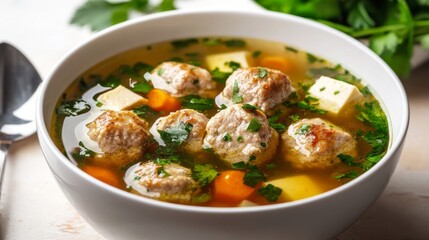 Savory Meatball Soup in a White Bowl