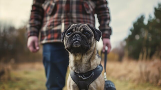 An observant pug stands poised outdoors, linked by a leash to its plaid-coated walker, embodying watchfulness and the joy found in shared journeys and exploration.