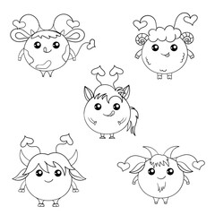 Five funny black and white round monsters in the shape of a cow, ram, horse, yak and goat. Kind monsters. Positive cartoon characters. Illustrator Artwork