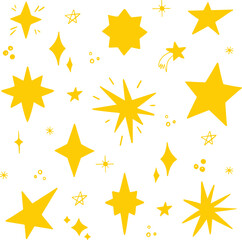 Obraz premium Set of yellow abstract stars. Collection of stars and splashes. Bright fireworks, sparkling decorations. Vector illustration