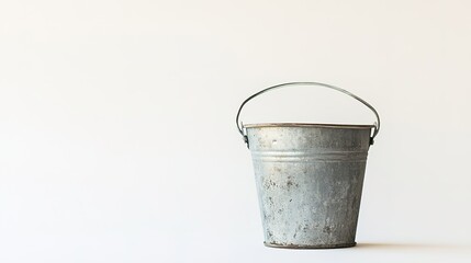 A galvanized zinc bucket with a handle, standing upright on a white background