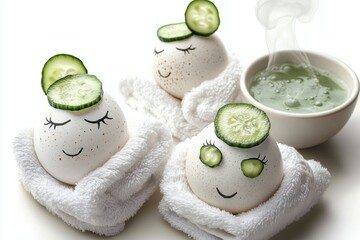 Three playful eggs with cucumber slices enjoy a spa day in fluffy towels.