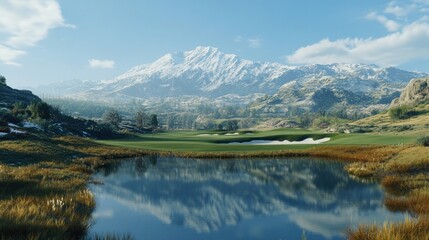 Fototapeta premium A picturesque golf course with a serene lake and majestic mountain backdrop under a clear sky.