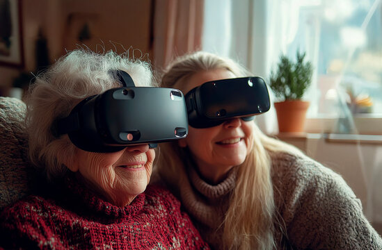 Young Girl and Elderly Woman Engaging in Virtual Reality Together