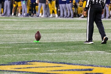Closeup of a college football referee standing by a football on a tee on the field