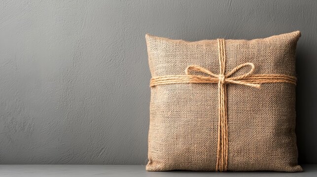 Rustic rice burlap sack tied with jute string, against a simple neutral background, rice burlap sack, vintage and ecofriendly packaging concept
