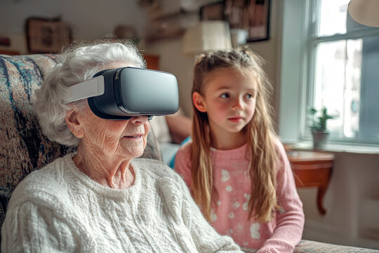 Young Girl and Elderly Woman Engaging in Virtual Reality Together