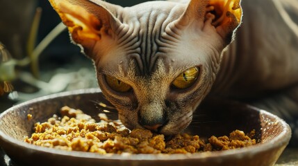 Close-up of a brown-yellow hairless cat with intense yellow eyes, eating from a bowl of textured cat food with brown and yellow particles, capturing a unique and focused expression.